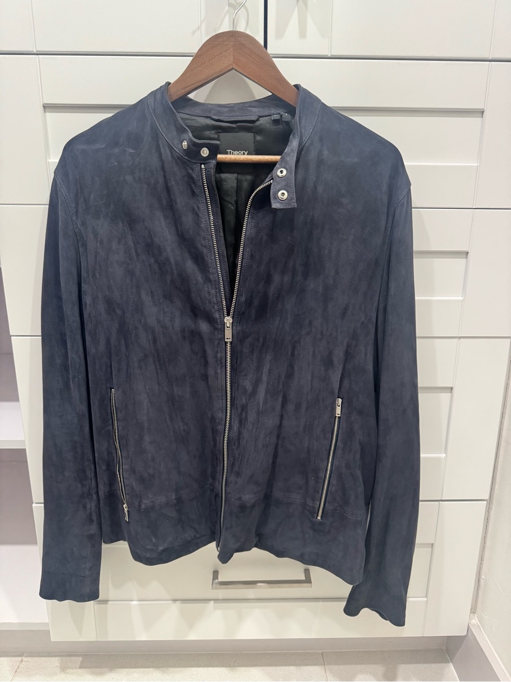 Theory Men’s Dark Navy Suede Zip Bomber Jacket